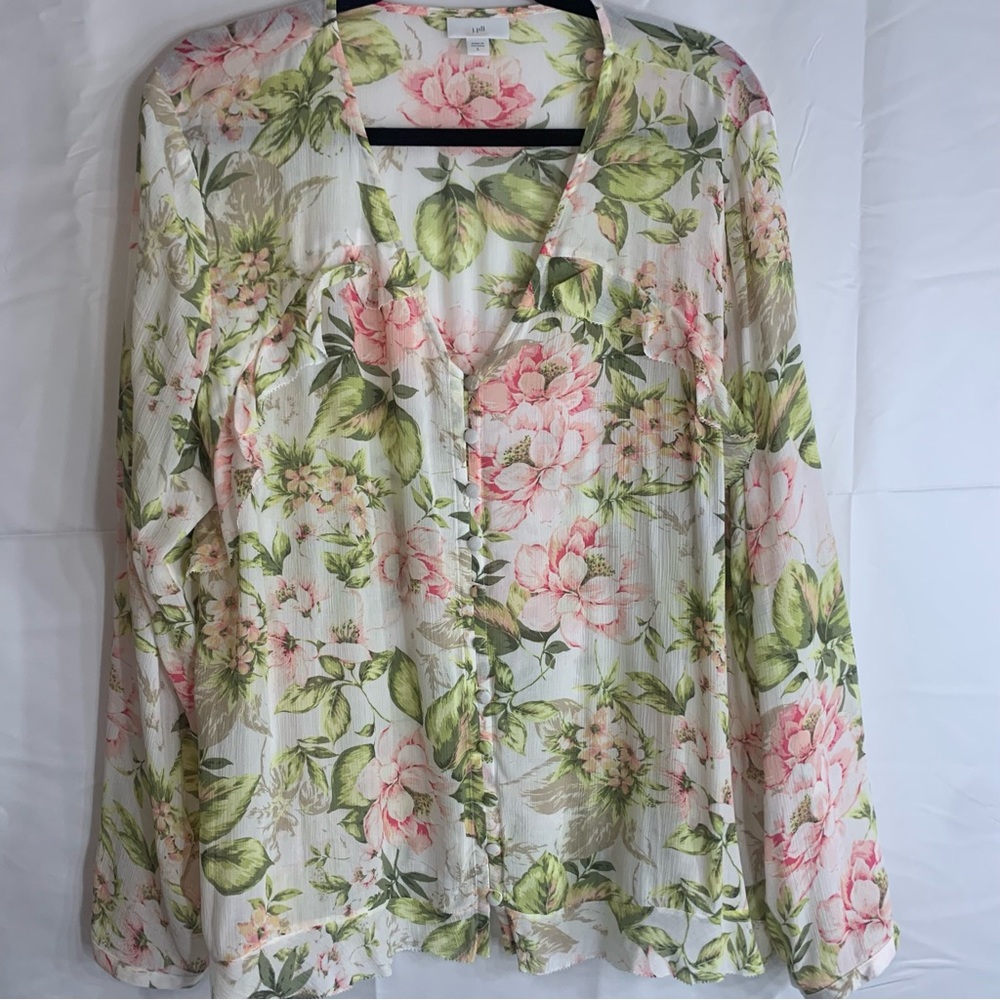 J. Jill Long Sleeve Floral Ruffle Trim Button Front Blouse, size L